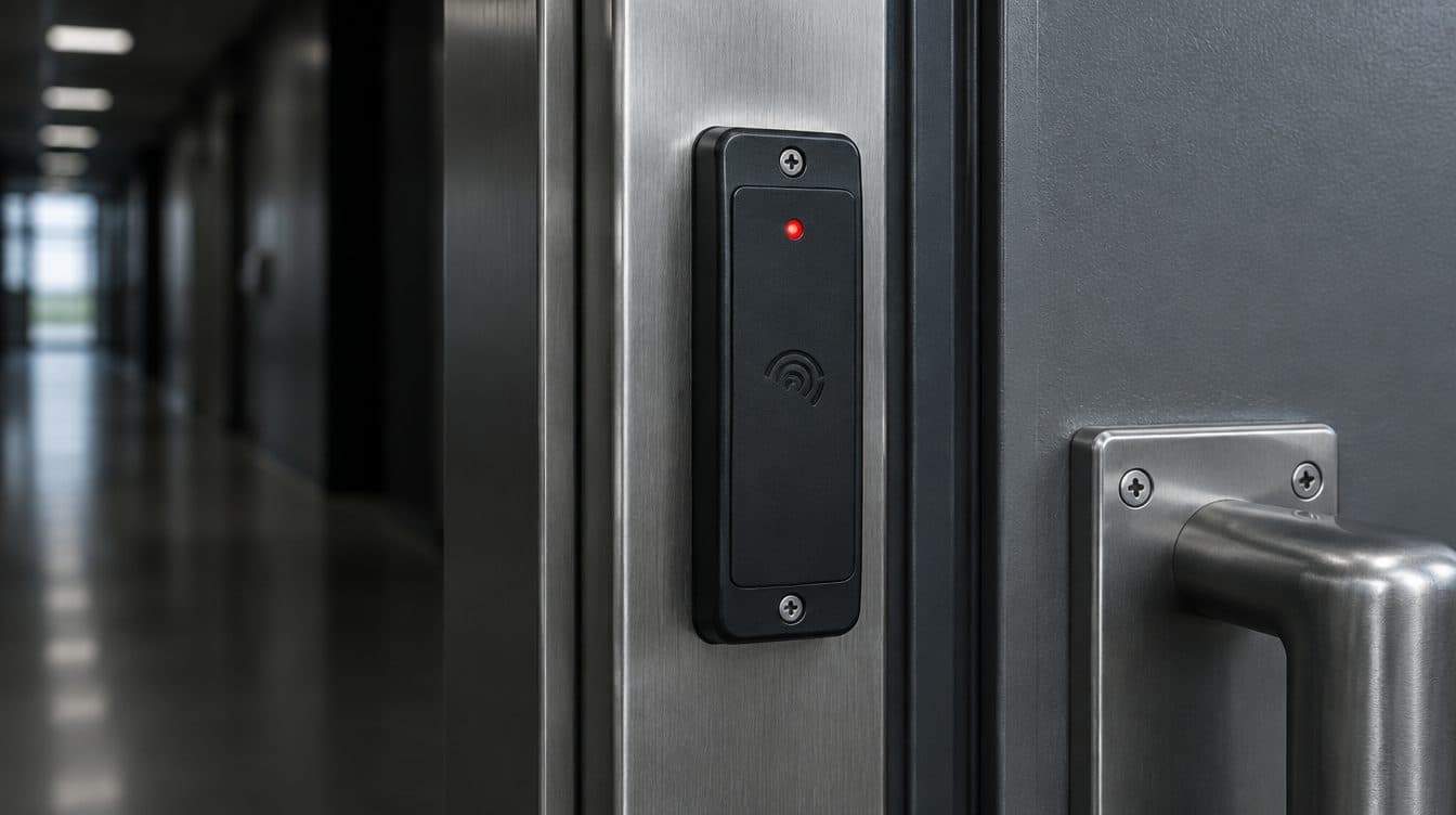 Access control card reader mounted on a stainless steel commercial door frame