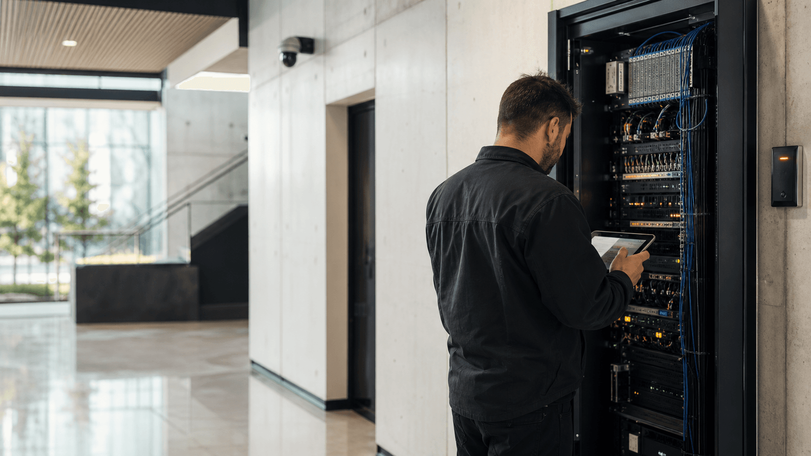 Security systems technician commissioning cameras, access control, and network equipment in a commercial facility