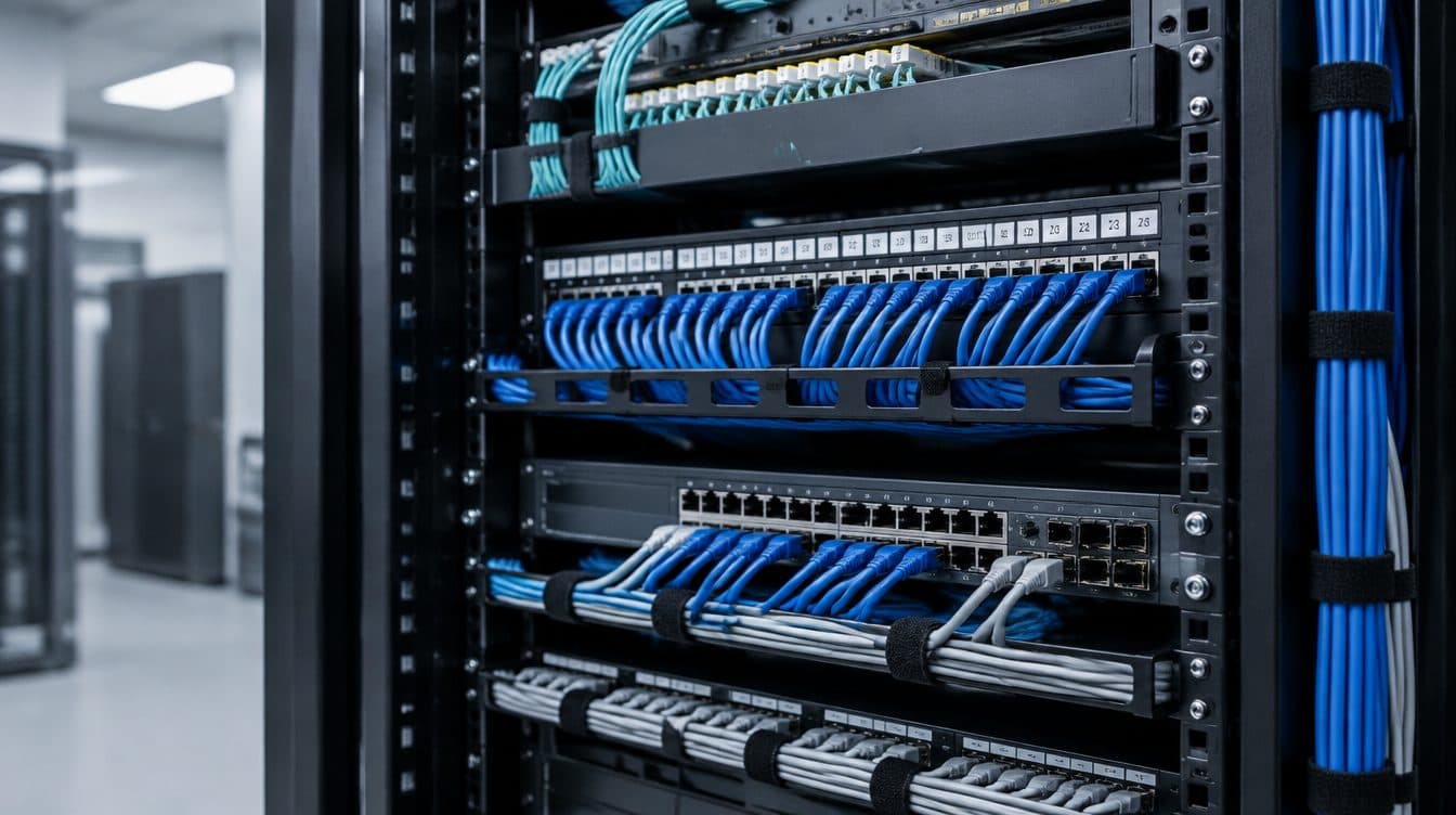 Network rack with neatly dressed patch cables and labeled ports in a commercial equipment room