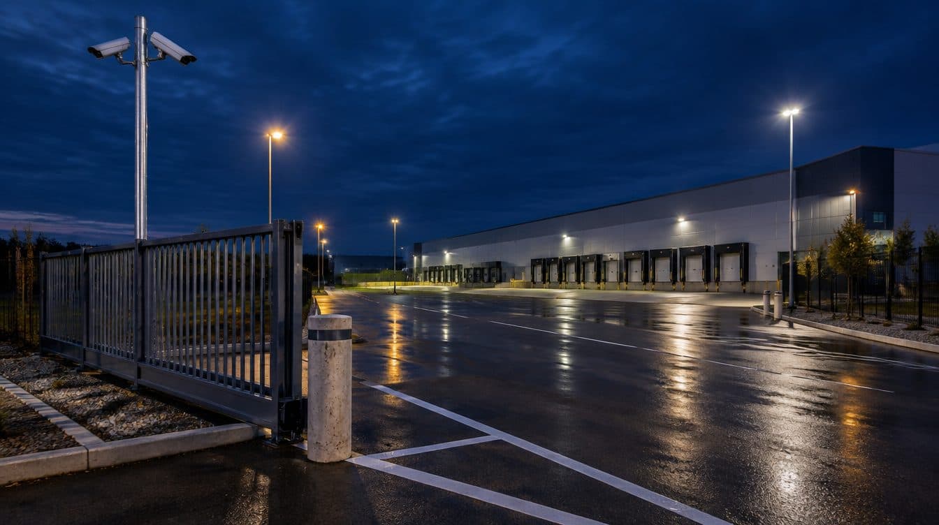 Sliding security gate and a camera pole covering the vehicle entrance of a distribution facility at dusk
