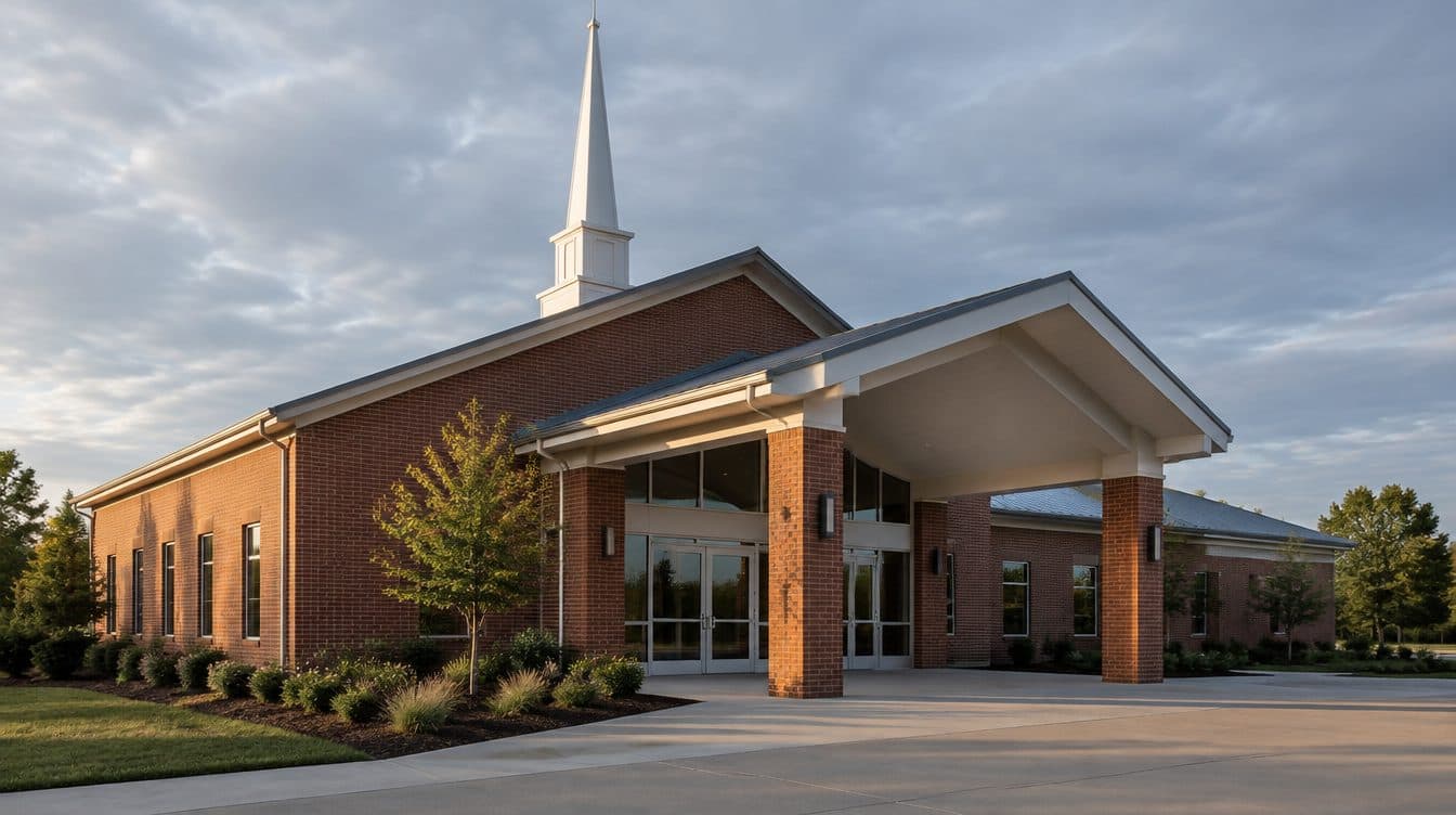 Exterior of a community house of worship with a covered entry canopy and glass doors in late afternoon light